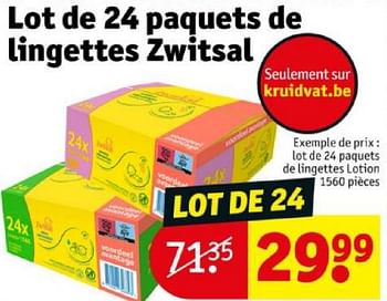 Promoties Lot de 24 paquets de lingettes lotion - Zwitsal - Geldig van 16/04/2024 tot 21/04/2024 bij Kruidvat