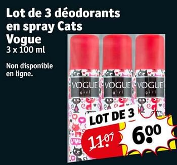 Promotions Lot de 3 déodorants en spray cats vogue - Vogue - Valide de 16/04/2024 à 21/04/2024 chez Kruidvat