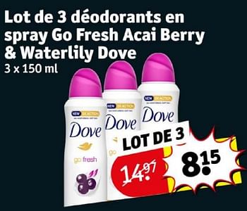 Promoties Lot de 3 déodorants en spray go fresh acai berry + waterlily dove - Dove - Geldig van 16/04/2024 tot 21/04/2024 bij Kruidvat