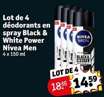 Promoties Lot de 4 déodorants en spray black + white power nivea men - Nivea - Geldig van 16/04/2024 tot 21/04/2024 bij Kruidvat