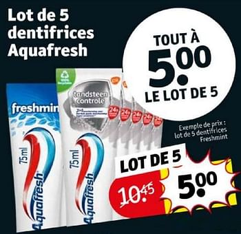 Promoties Lot de 5 dentifrices freshmint - Aquafresh - Geldig van 16/04/2024 tot 21/04/2024 bij Kruidvat