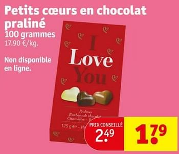 Promotions Petits coeurs en chocolat praliné - Produit maison - Kruidvat - Valide de 16/04/2024 à 21/04/2024 chez Kruidvat
