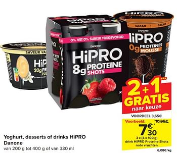 Promotions Drink hipro proteine shots rode vruchten - Danone - Valide de 17/04/2024 à 23/04/2024 chez Carrefour