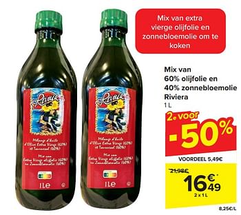 Promotions Mix van olijfolie en zonnebloemolie riviera - Riviera - Valide de 17/04/2024 à 23/04/2024 chez Carrefour