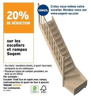 Promoties Escalier tradi eco en sapin avec rampe, contremarches et quart de tour à gauche - Sogem - Geldig van 10/04/2024 tot 23/04/2024 bij Gamma