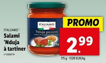 Promoties Salami ’nduja à tartiner - Italiamo - Geldig van 17/04/2024 tot 23/04/2024 bij Lidl