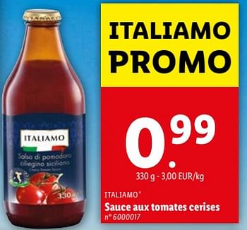 Promoties Sauce aux tomates cerises - Italiamo - Geldig van 17/04/2024 tot 23/04/2024 bij Lidl