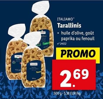 Promotions Tarallinis - Italiamo - Valide de 17/04/2024 à 23/04/2024 chez Lidl