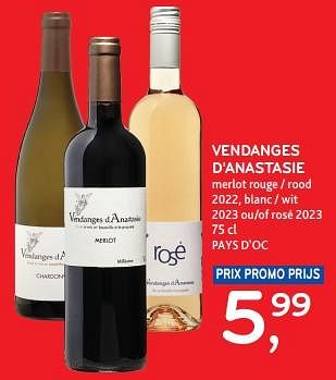 Promoties Vendanges d`anastasie merlot rouge 2022, blanc 2023 ou rosé 2023 - Rode wijnen - Geldig van 10/04/2024 tot 23/04/2024 bij Alvo