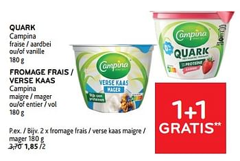 Promoties Quark campina + fromage frais campina 1+1 gratis - Campina - Geldig van 10/04/2024 tot 23/04/2024 bij Alvo
