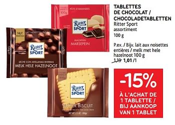 Promoties Tablettes de chocolat ritter sport -15% à l’achat de 1 tablette - Ritter Sport - Geldig van 10/04/2024 tot 23/04/2024 bij Alvo