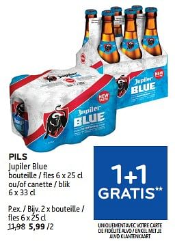 Promotions Pils jupiler blue 1+1 gratis - Jupiler - Valide de 10/04/2024 à 23/04/2024 chez Alvo