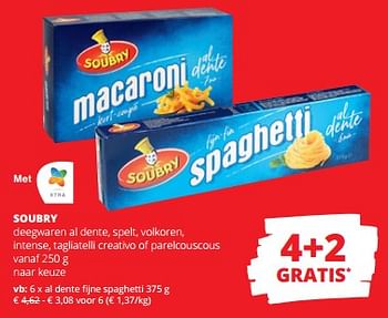 Promotions Al dente fijne spaghetti - Soubry - Valide de 11/04/2024 à 24/04/2024 chez Spar (Colruytgroup)