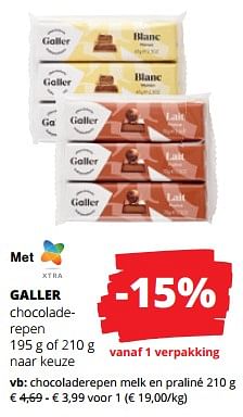 Promoties Chocoladerepen melk en praliné - Galler - Geldig van 11/04/2024 tot 24/04/2024 bij Spar (Colruytgroup)