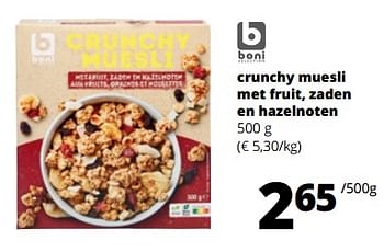 Promotions Crunchy muesli met fruit, zaden en hazelnoten - Boni - Valide de 11/04/2024 à 24/04/2024 chez Spar (Colruytgroup)