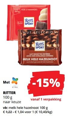 Promoties Melk hele hazelnoot - Ritter Sport - Geldig van 11/04/2024 tot 24/04/2024 bij Spar (Colruytgroup)