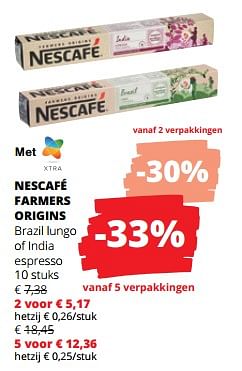 Promotions Nescafé farmers origins brazil lungo of india espresso - Nescafe - Valide de 11/04/2024 à 24/04/2024 chez Spar (Colruytgroup)