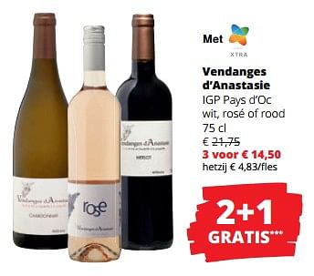 Promotions Vendanges d’anastasie igp pays d’oc wit, rosé of rood - Vins blancs - Valide de 11/04/2024 à 24/04/2024 chez Spar (Colruytgroup)