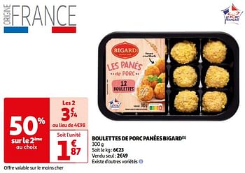 Promoties Boulettes de porc panées bigard - Bigard - Geldig van 18/04/2024 tot 23/04/2024 bij Auchan