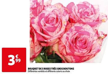 Promoties Bouquet de 5 roses très gros boutons - Huismerk - Auchan - Geldig van 18/04/2024 tot 23/04/2024 bij Auchan