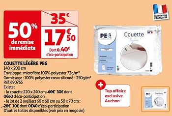 Promoties Couette légère peg - Huismerk - Auchan - Geldig van 16/04/2024 tot 22/04/2024 bij Auchan