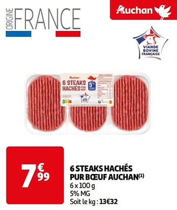 Promoties 6 steaks hachés pur boeuf auchan - Huismerk - Auchan - Geldig van 16/04/2024 tot 22/04/2024 bij Auchan