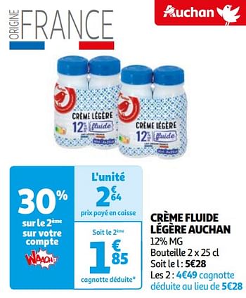 Promoties Crème fluide légère auchan - Huismerk - Auchan - Geldig van 16/04/2024 tot 22/04/2024 bij Auchan