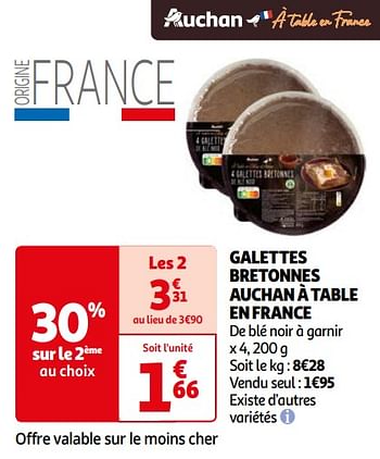 Promoties Galettes bretonnes auchan à table en france - Huismerk - Auchan - Geldig van 16/04/2024 tot 22/04/2024 bij Auchan