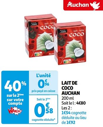 Promoties Lait de coco auchan - Huismerk - Auchan - Geldig van 16/04/2024 tot 22/04/2024 bij Auchan