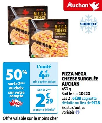 Promoties Pizza mega cheese surgelée auchan - Huismerk - Auchan - Geldig van 16/04/2024 tot 22/04/2024 bij Auchan