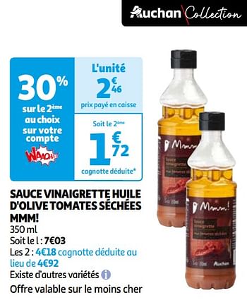 Promoties Sauce vinaigrette huile d`olive tomates séchées mmm! - Huismerk - Auchan - Geldig van 16/04/2024 tot 22/04/2024 bij Auchan