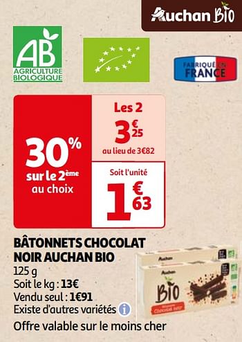 Promoties Bâtonnets chocolat noir auchan bio - Huismerk - Auchan - Geldig van 16/04/2024 tot 22/04/2024 bij Auchan