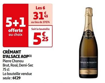 Promoties Crémant d`alsace aop pierre chanau brut, rosé, demi-sec - Schuimwijnen - Geldig van 16/04/2024 tot 22/04/2024 bij Auchan