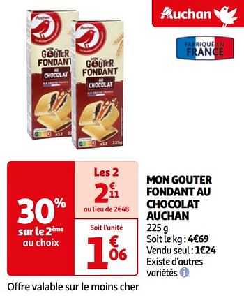 Promoties Mon gouter fondant au chocolat auchan - Huismerk - Auchan - Geldig van 16/04/2024 tot 22/04/2024 bij Auchan