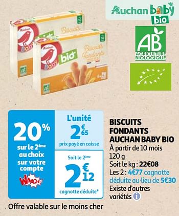 Promoties Biscuits fondants auchan baby bio - Huismerk - Auchan - Geldig van 16/04/2024 tot 22/04/2024 bij Auchan