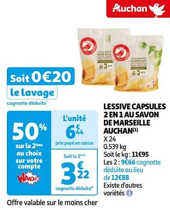 Promoties Lessive capsules 2 en 1 au savon de marseille auchan - Huismerk - Auchan - Geldig van 16/04/2024 tot 22/04/2024 bij Auchan