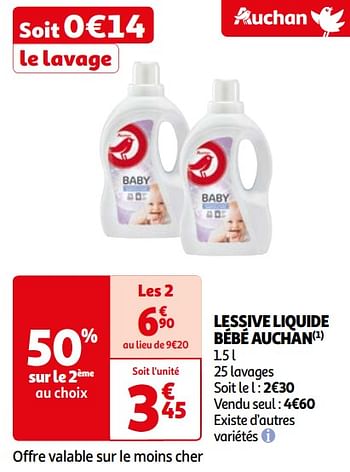 Promoties Lessive liquide bébé auchan - Huismerk - Auchan - Geldig van 16/04/2024 tot 22/04/2024 bij Auchan