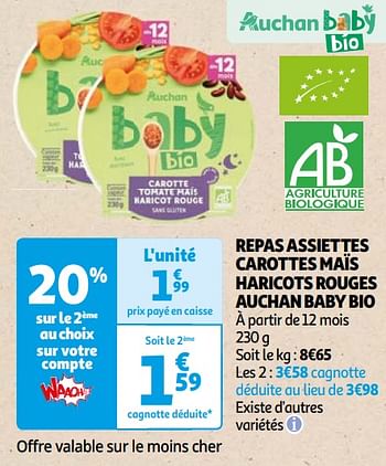Promoties Repas assiettes carottes maïs haricots rouges auchan baby bio - Huismerk - Auchan - Geldig van 16/04/2024 tot 22/04/2024 bij Auchan