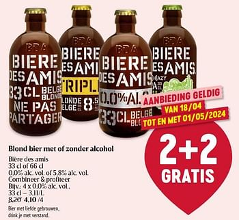 Promotions Blond bier met of zonder alcohol - Bière Des Amis - Valide de 18/04/2024 à 24/04/2024 chez Delhaize