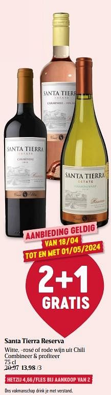 Promoties Santa tierra reserva witte rosé of rode wijn - Witte wijnen - Geldig van 18/04/2024 tot 24/04/2024 bij Delhaize