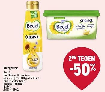 Promotions Margarine vloeibaar original - Becel - Valide de 18/04/2024 à 24/04/2024 chez Delhaize