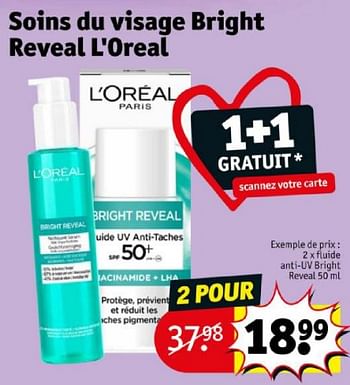 Promoties Fluide anti-uv bright reveal - L'Oreal Paris - Geldig van 16/04/2024 tot 21/04/2024 bij Kruidvat