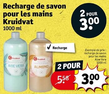 Promoties Recharge de savon pour les mains aloe vera - Huismerk - Kruidvat - Geldig van 16/04/2024 tot 21/04/2024 bij Kruidvat