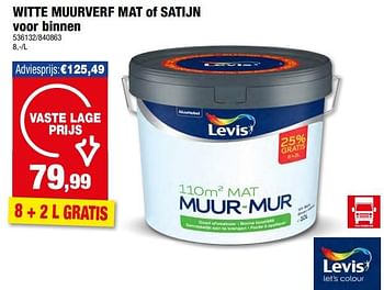 Promotions Witte muurverf mat of satijn voor binnen - Levis - Valide de 17/04/2024 à 28/04/2024 chez Hubo
