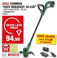 Promoties Bosch accu trimmer easy grasscut 18-230 - Bosch - Geldig van 17/04/2024 tot 28/04/2024 bij Hubo