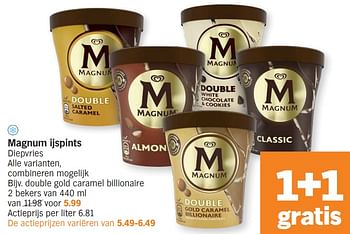 Promotions Magnum ijspints diepvries double gold caramel billionaire - Ola - Valide de 15/04/2024 à 21/04/2024 chez Albert Heijn