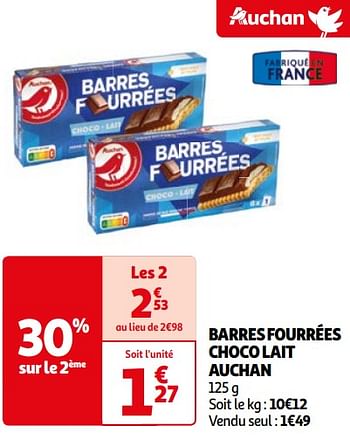 Promotions Barres fourrées choco lait auchan - Produit Maison - Auchan Ronq - Valide de 16/04/2024 à 22/04/2024 chez Auchan Ronq