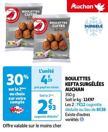 Promotions Boulettes kefta surgélées auchan - Produit Maison - Auchan Ronq - Valide de 16/04/2024 à 22/04/2024 chez Auchan Ronq