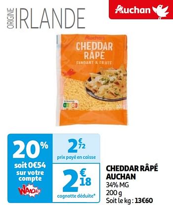 Promotions Cheddar râpé auchan - Produit Maison - Auchan Ronq - Valide de 16/04/2024 à 22/04/2024 chez Auchan Ronq