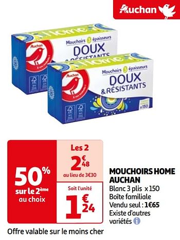 Promotions Mouchoirs home auchan - Produit Maison - Auchan Ronq - Valide de 16/04/2024 à 22/04/2024 chez Auchan Ronq